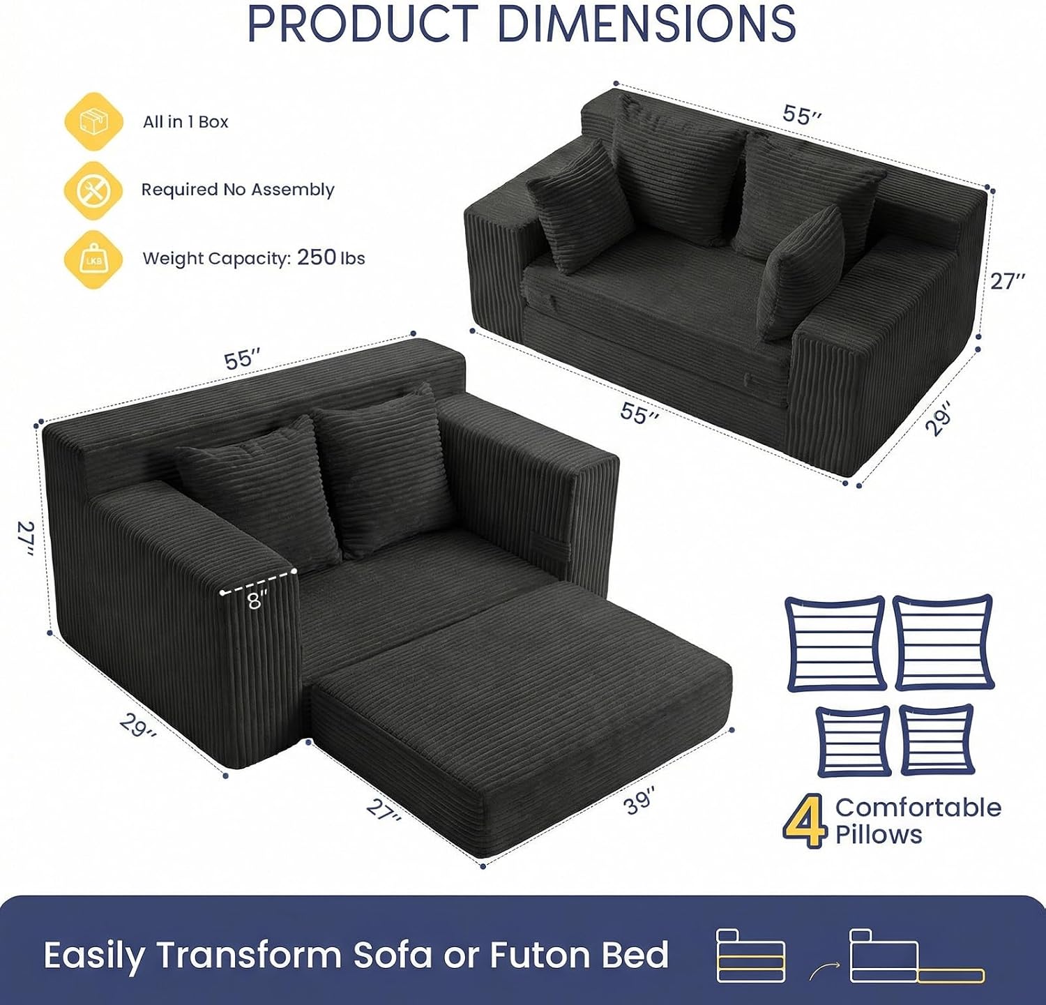 cidludto Boneless Couch Loveseat Sleeper, Convertible Sofa Bed Folding Couch Bed Foldable, 2 in 1 Boneless Chair Bed & Futon Sofa Bed, Small Pull Out Sofa with 4 Pillows for Living Room, Black | No Assembly, Convertible, 2 in 1, Pull Out Handle, 4 Pillows