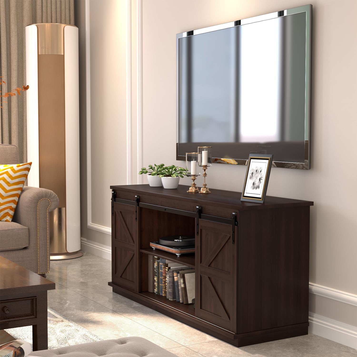 JUMMICO TV Stand for 65 Inch TV, Entertainment Center with Storage Cabinets and Sliding Barn Doors, Mid Century Modern Media TV Console Table for Living Room Bedroom (Brown)