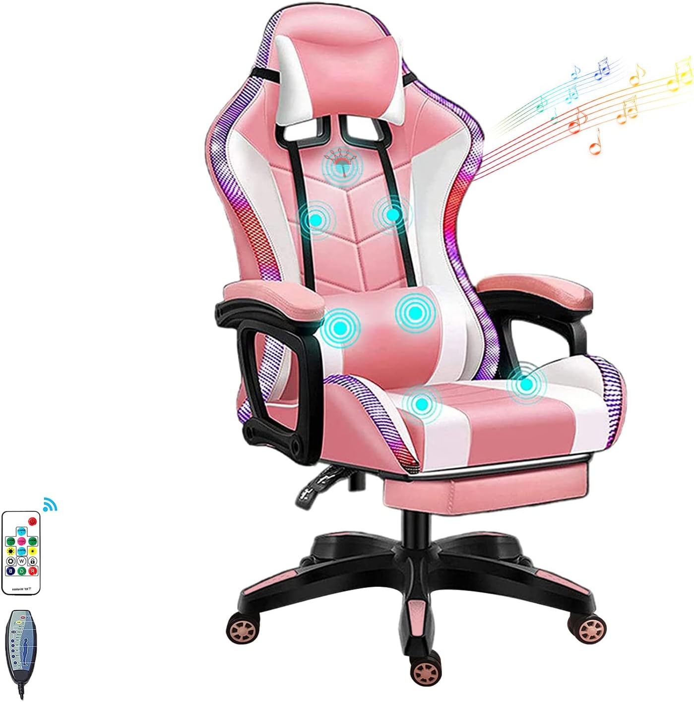 Full Massage Gaming Chair for Adults Video Game Chair with Speaker and RGB Light PU Leather Office Chair with Footrest Headrest Armrest Recliner Computer Chair Swivel E-Sports Chair,Pink