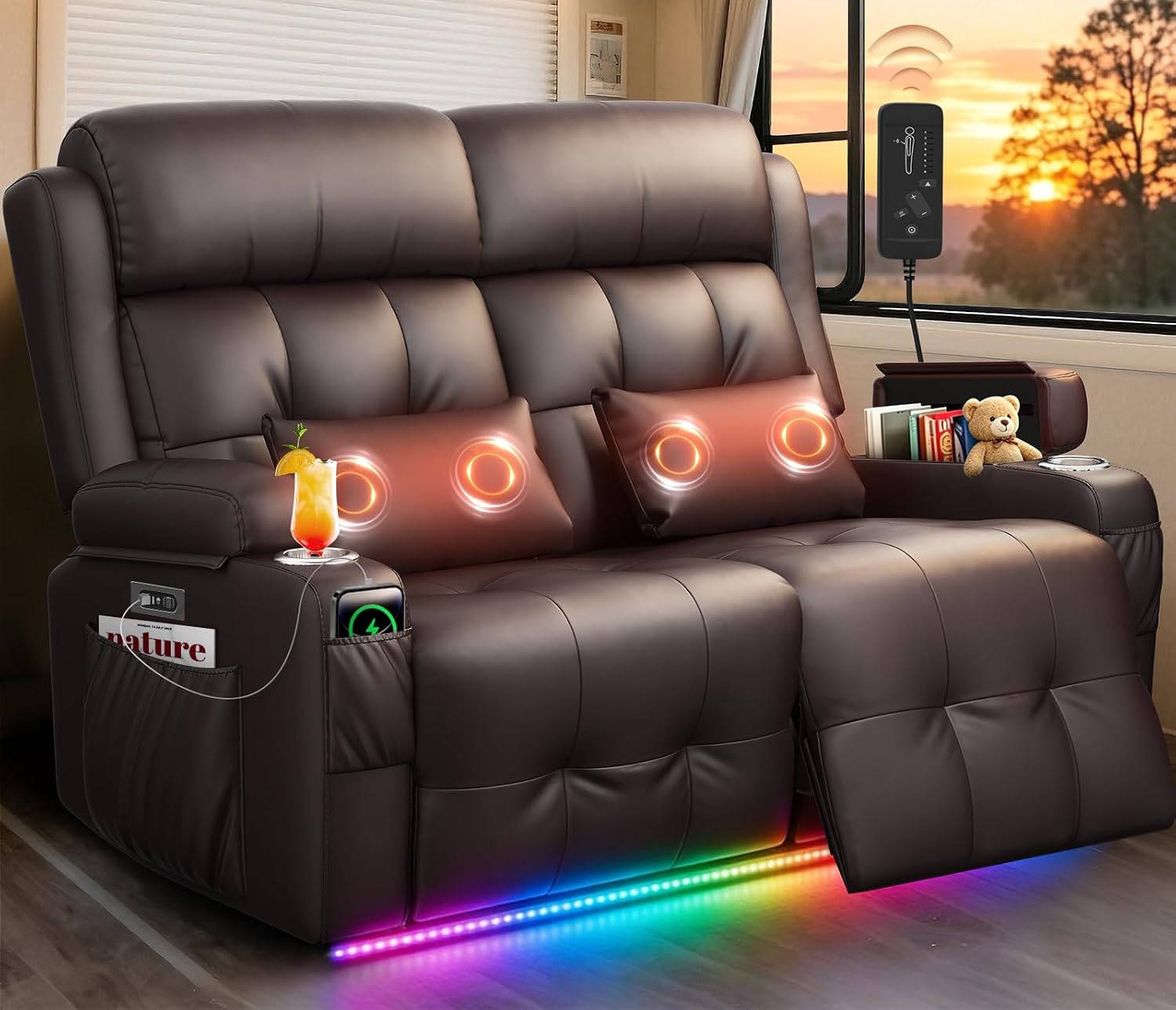 Power Loveseat Recliner Sofa with Graphene Heating & Massage, Zero Wall Hugger Home Theater Seating, RV Reclining Couch with LED Lights, USB & Type-C, Cup Holders, Hidden Storage Armrest & Pillows