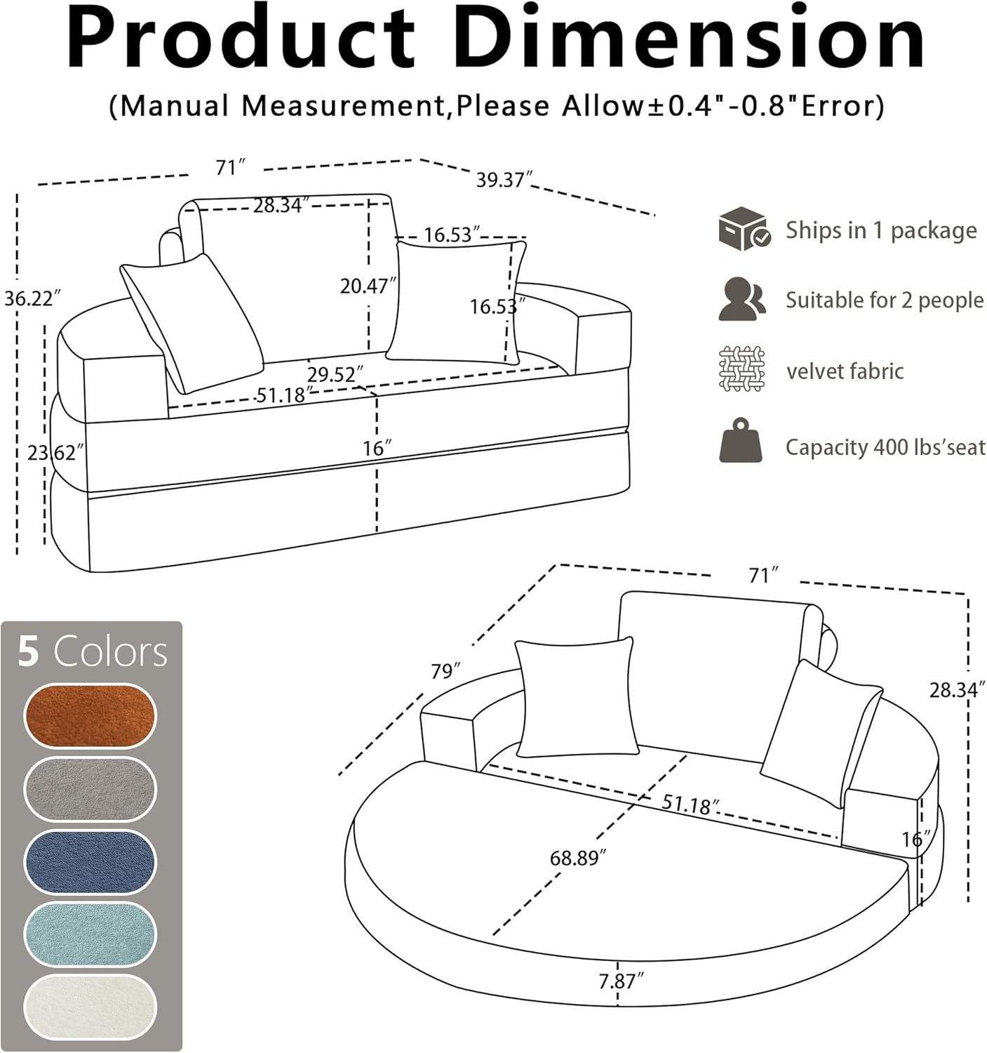 71' Boneless Couch Sofa Bed Oversized Round Couch 2-in-1 Foldable Floor Loveseat Sofa for Living Room and Apartment No Assembly (Orange, 71')