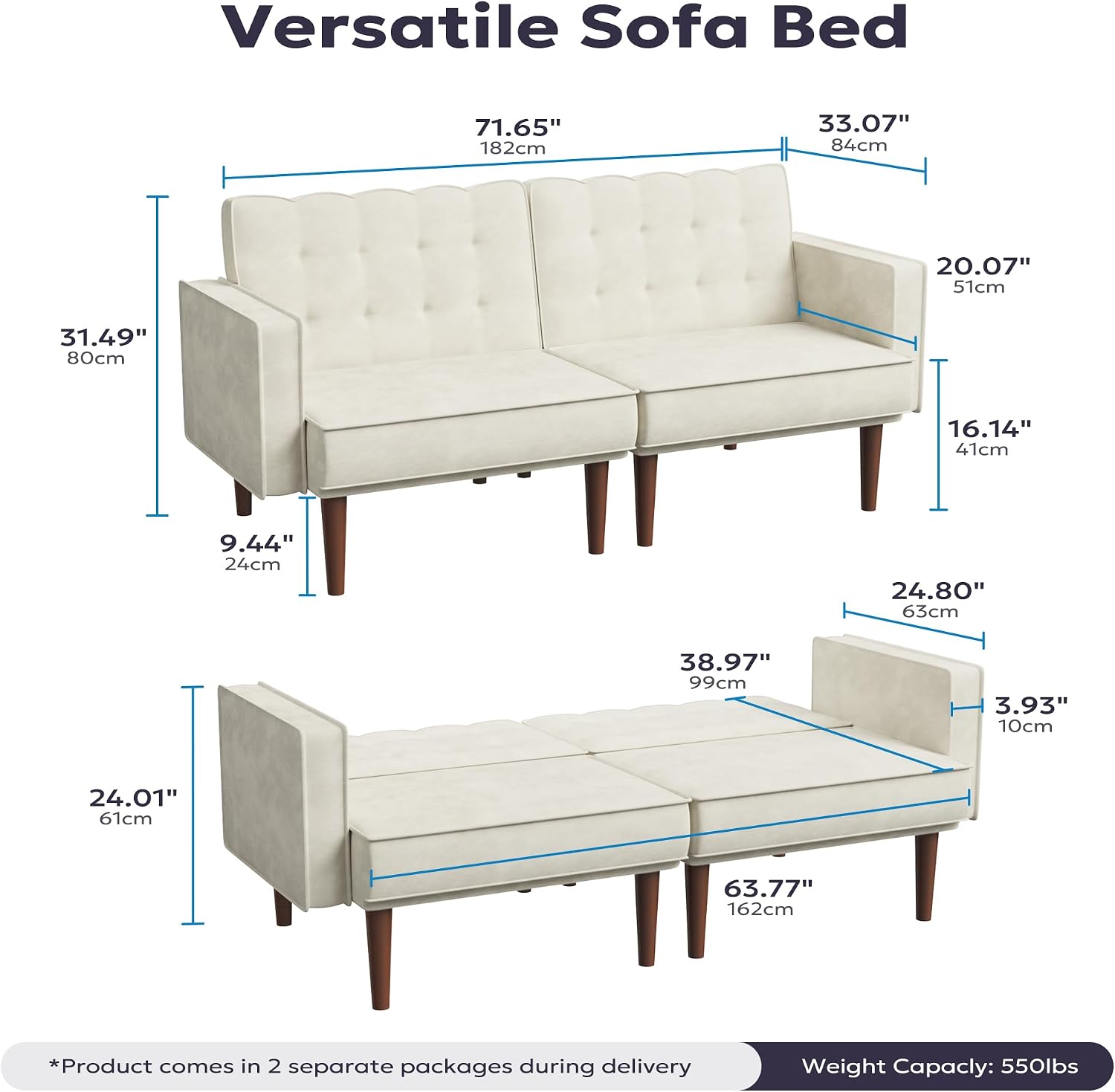 Furnify 71' Velvet Futon Sofa Bed, Versatile Loveseat Couch, Sleeper Sofa with Adjustable Backrest, Mid Century Modern Futon Couch for Small Space, Living Room, Office & Apartment, Velvet Fabric Beige