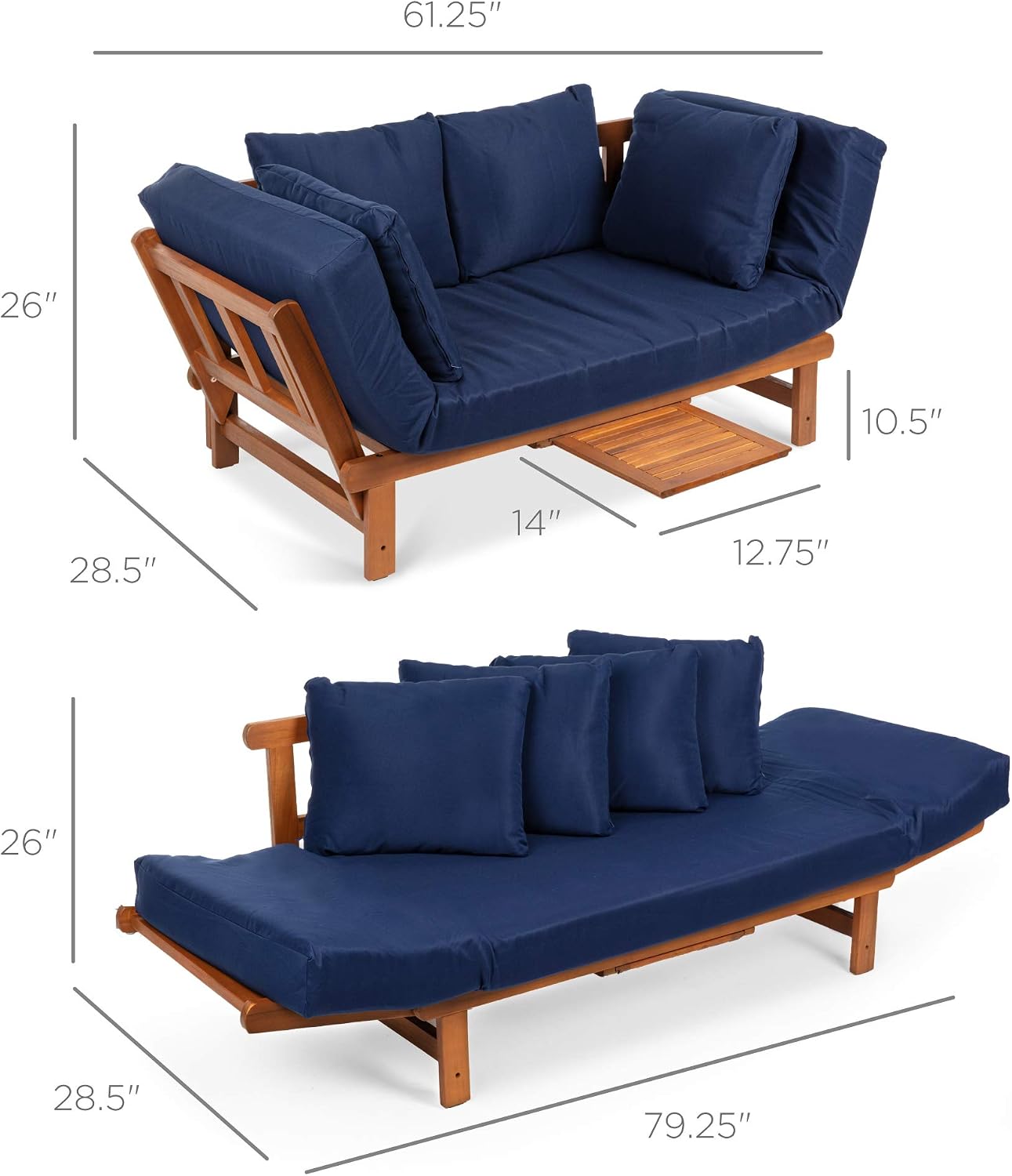 Best Choice Products Outdoor Convertible Acacia Wood Futon Sofa Furniture for Patio, Balcony, Poolside, Backyard w/Pullout Tray, Removable Weather-Resistant Cushion & 4 Pillows - Navy Blue