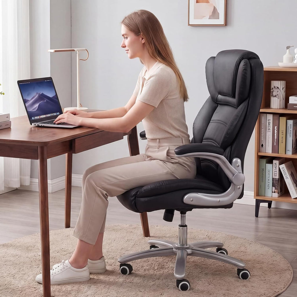 GYI Big and Tall Office Chair 400lb Wide Seat, Ergonomic High Back Leather Executive Desk Chair with Flip-up Arms, Black