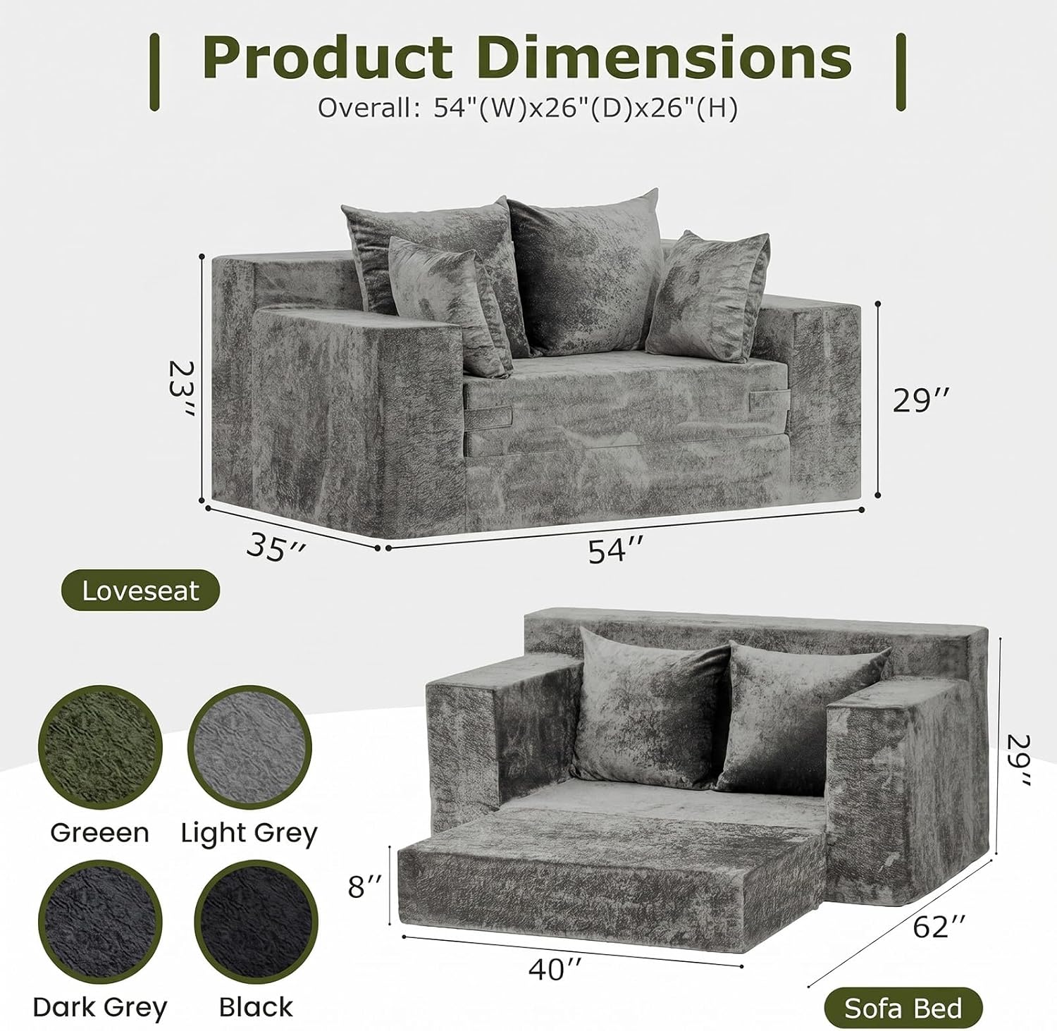 Boneless Couch Loveseat Sleeper, Convertible Sofa Bed Folding Couch Bed, Boneless Chair Bed & Futon Sofa Bed, Small Pull Out Couch Foldable with 4 Pillows for Living Room, Light Grey