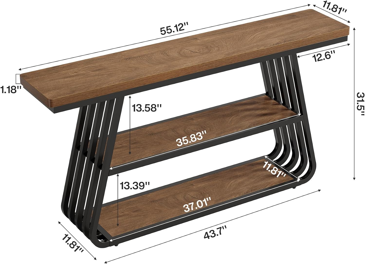 Tribesigns 55' Entryway Table with Shelves, 3-Tier Console Table Sofa Table with Iron Frame, Wooden Entry Table for Living Room, Foyer, Hallway, Industrial Style