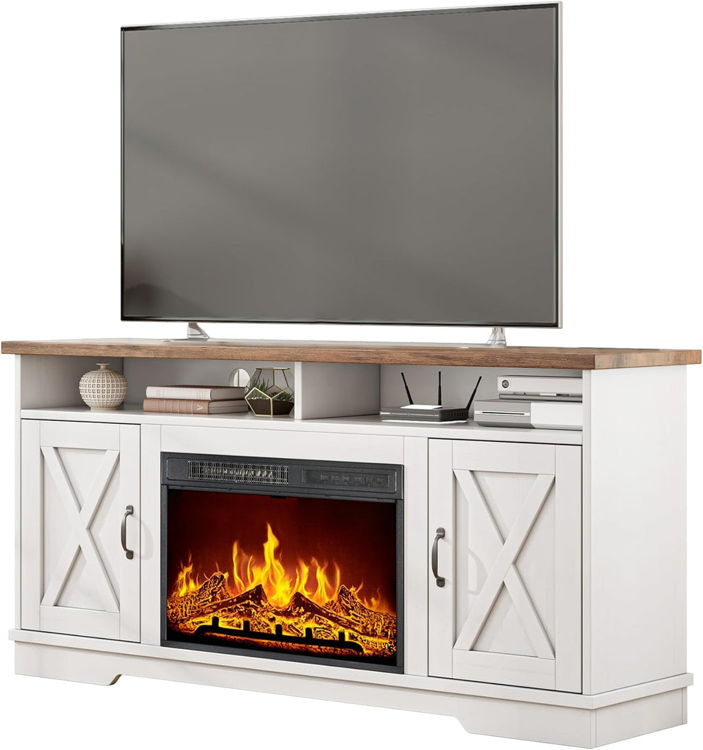 AMERLIFE 63' Farmhouse TV Stand with 26' Fireplace, for TVs up to 73', Media Entertainment Center with Adjustable Shelf & Barn Doors, Rustic TV Console Cabinet for Living Room, Rustic Oak & White
