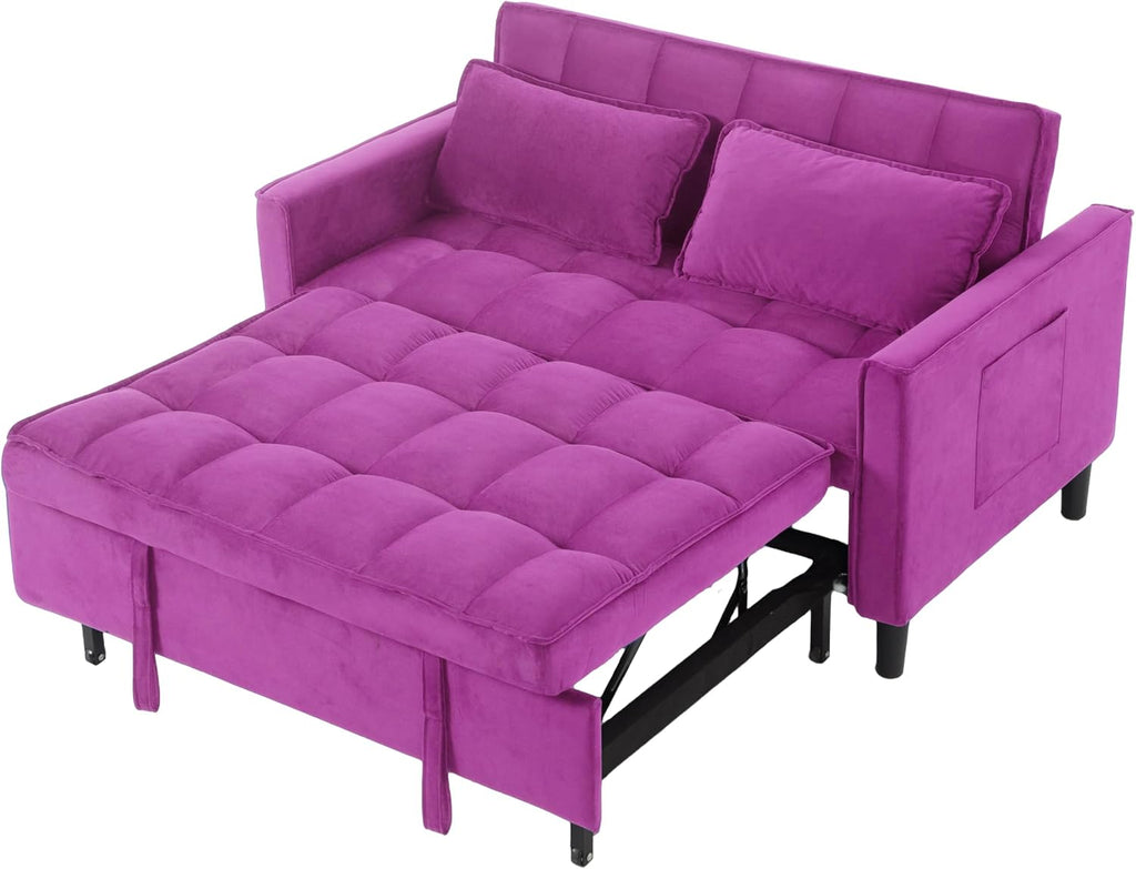 3 in 1 Convertible Sofa Bed, Love Seat Sleeper Bed with Side Pockets, Velvet Fabric Pull Out Couch with Adjustable Backrest for Living Room, Bedroom, Apartment, Deep Pink