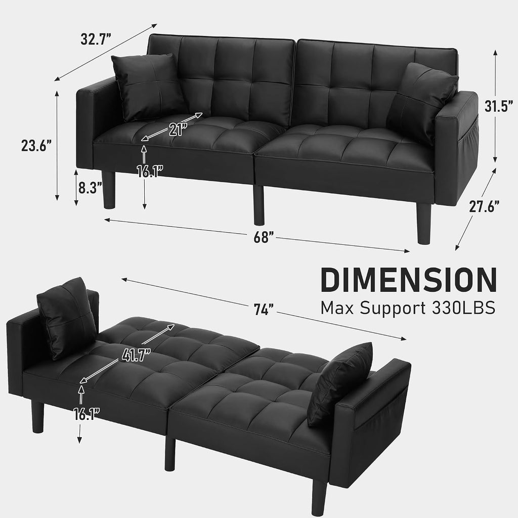 AVAWING Futon Sofa Bed, Modern Leather Convertible Upholstered Sleeper Couch with Adjustable Back, Arms and High Strength Nylon Legs for Living Room, Apartment, Office (Black)