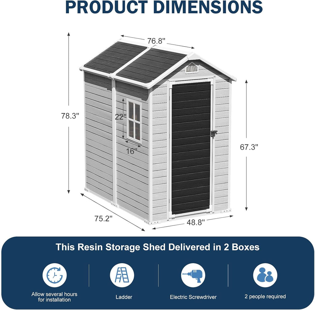 CDCASA 6x4 FT Outdoor Resin Storage Shed with Floor & Lockable Door & Window & Vents Included, Waterproof Outside Plastic Sheds for Backyard, Patio, Poolside, Lawn, Gray