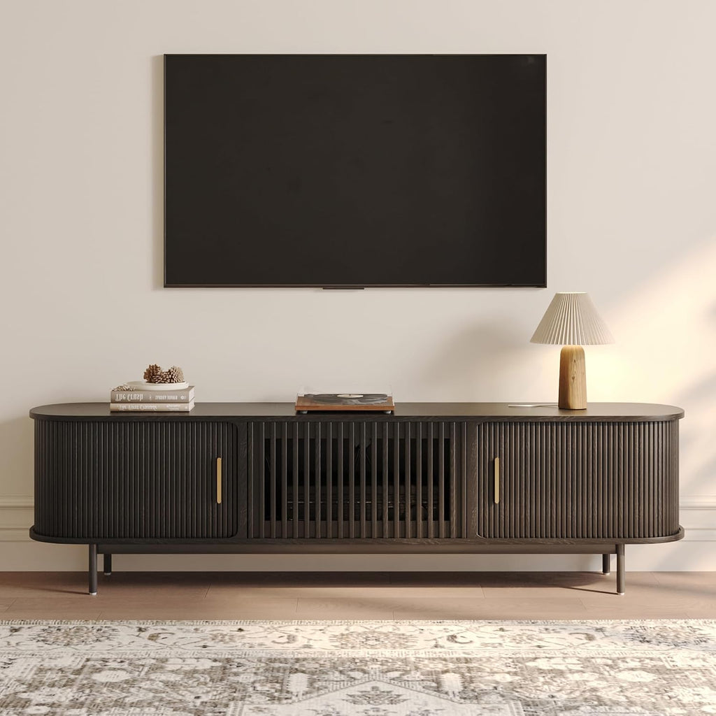POVISON Fully-Assembled Mid Century Modern TV Stand, Sliding Tambour Door Entertainment Center with Storage, Wood TV Console, Media Console for Living Room Bedroom(Black, 78.74')
