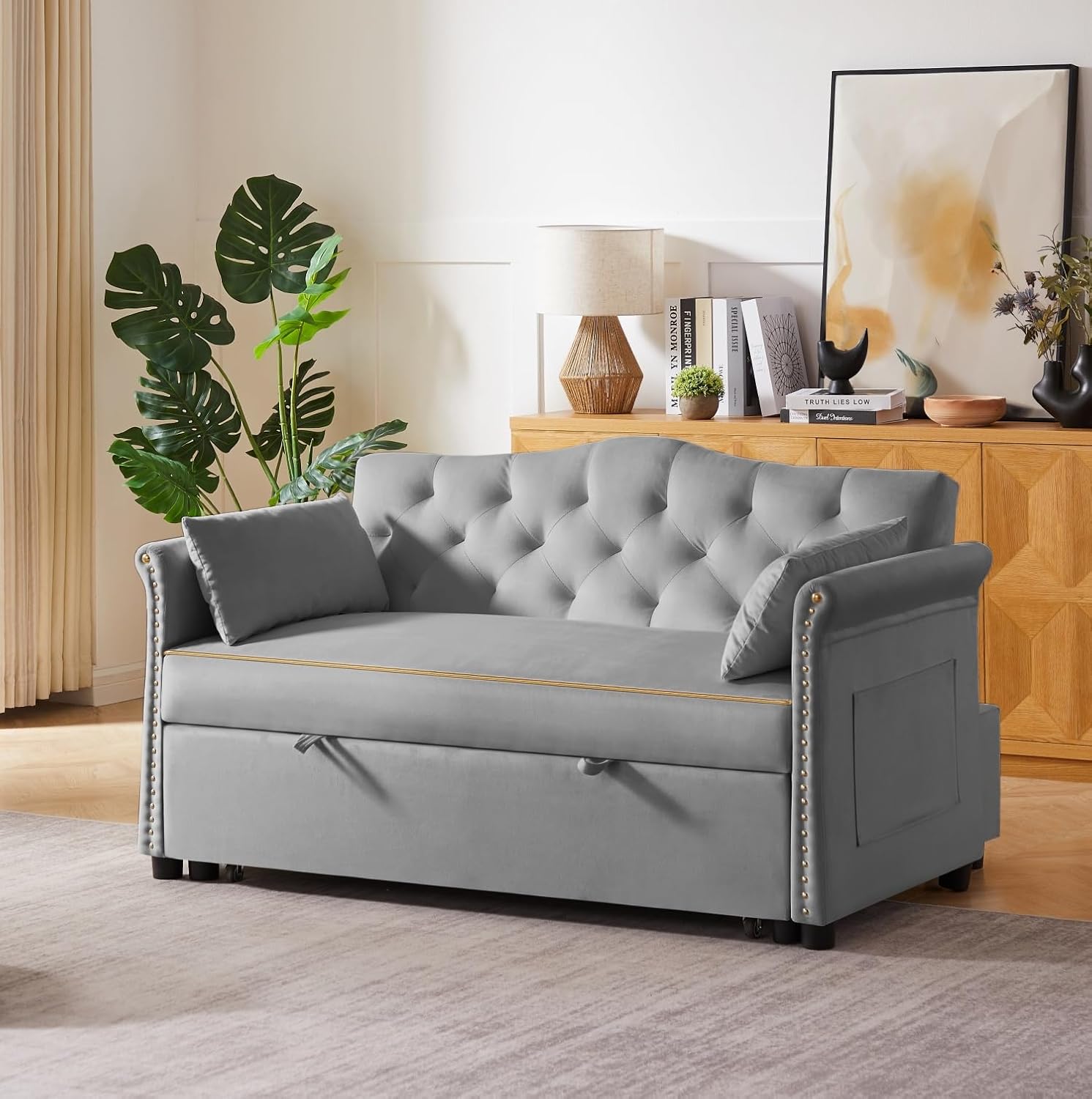 oaaktu 57-Inch Velvet Full Size Sleeper Sofa Couch with Pullout Bed,Convertible Pull Out with Golden Decorative Strip and Adjustable Backrest for Small Spaces,Apartment, Guest Room, RV (Grey)