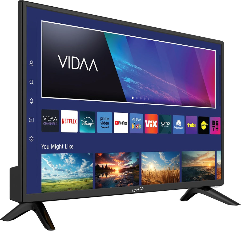Supersonic SC-2420VTV 24-inch Smart AC/DC LED TV, Powered by VIDAA, 1080p, WiFi, Built-in Speakers, USB, 3X HDMI ARC, for Kitchen, RV, Boat, Truck, Playroom, Dorm Room, Remote, DC Car Cord Included