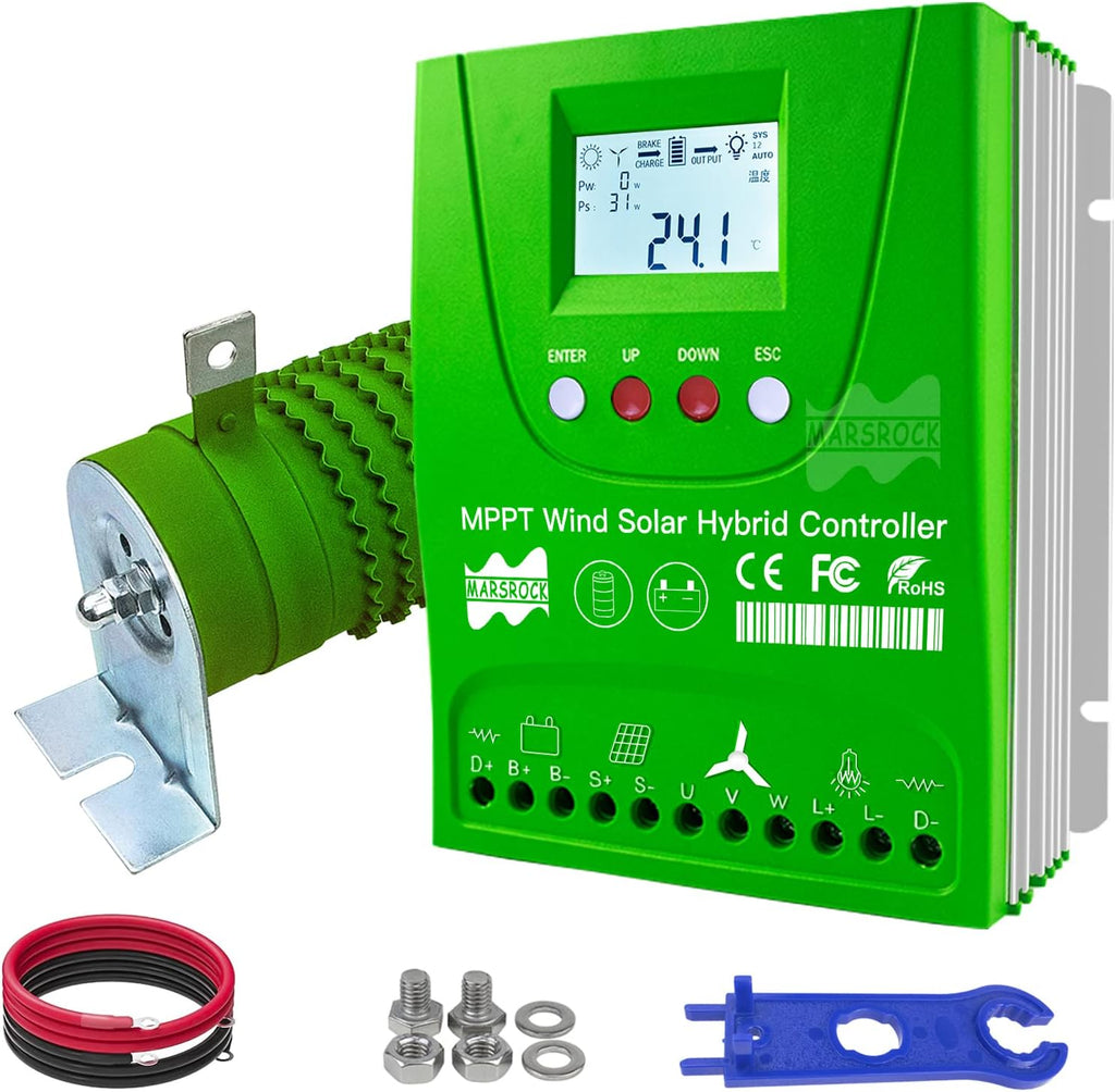 Marsrock 2000W 12V/24V Off Grid MPPT Wind Solar Hybrid Charge Controller,1000W Wind Turbine & 1000W Solar Panels Charge Controller with Dump Load,Suitable for Lithium Lead-Acid Gel Battery
