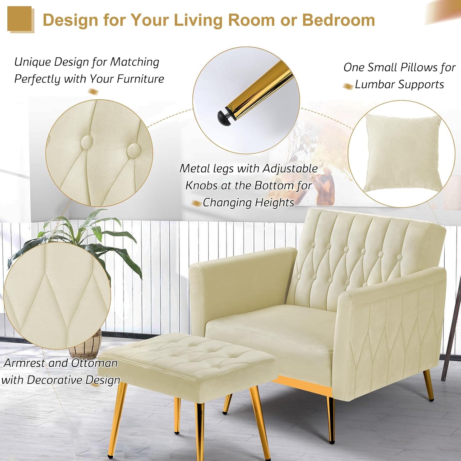 2 Pieces Velvet Sofa Set with Adjustable Armrest and Backrest, 70' Convertible Futon Sofa Bed & Mordern Accent Chair with Ottoman for Living Room, Bedroom, Beige