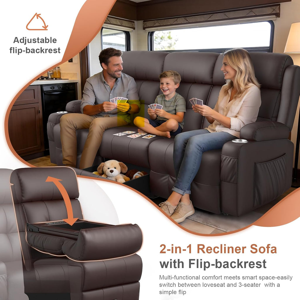 RV Loveseat Recliner Sofa, Built-in Power Strip, Massage Wall Hugger 3-Seater Recliners Couch, Flip Middle Backrest, Drawer & Cup Holder, Reclining Sleeper Sofa, 150° Recline for RV & Living Room