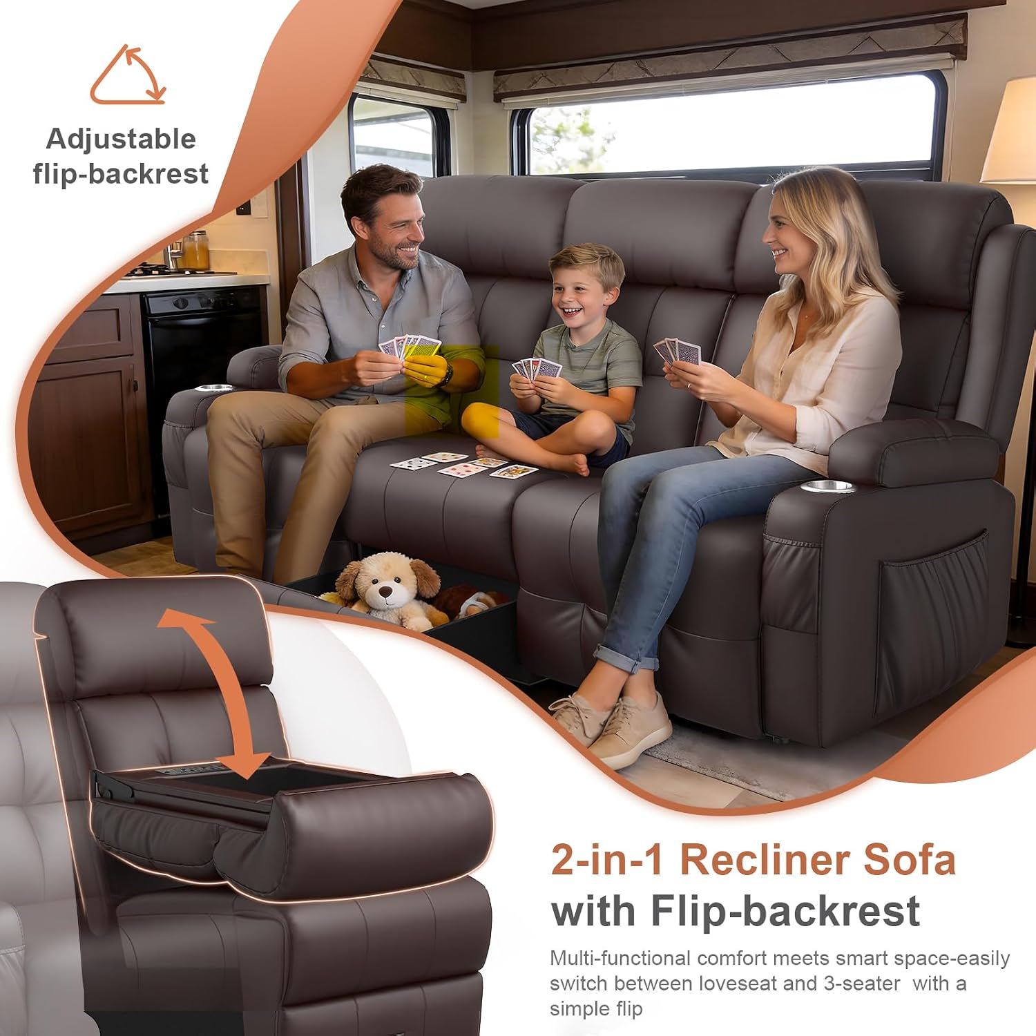 RV Loveseat Recliner Sofa, Built-in Power Strip, Massage Wall Hugger 3-Seater Recliners Couch, Flip Middle Backrest, Drawer & Cup Holder, Reclining Sleeper Sofa, 150° Recline for RV & Living Room