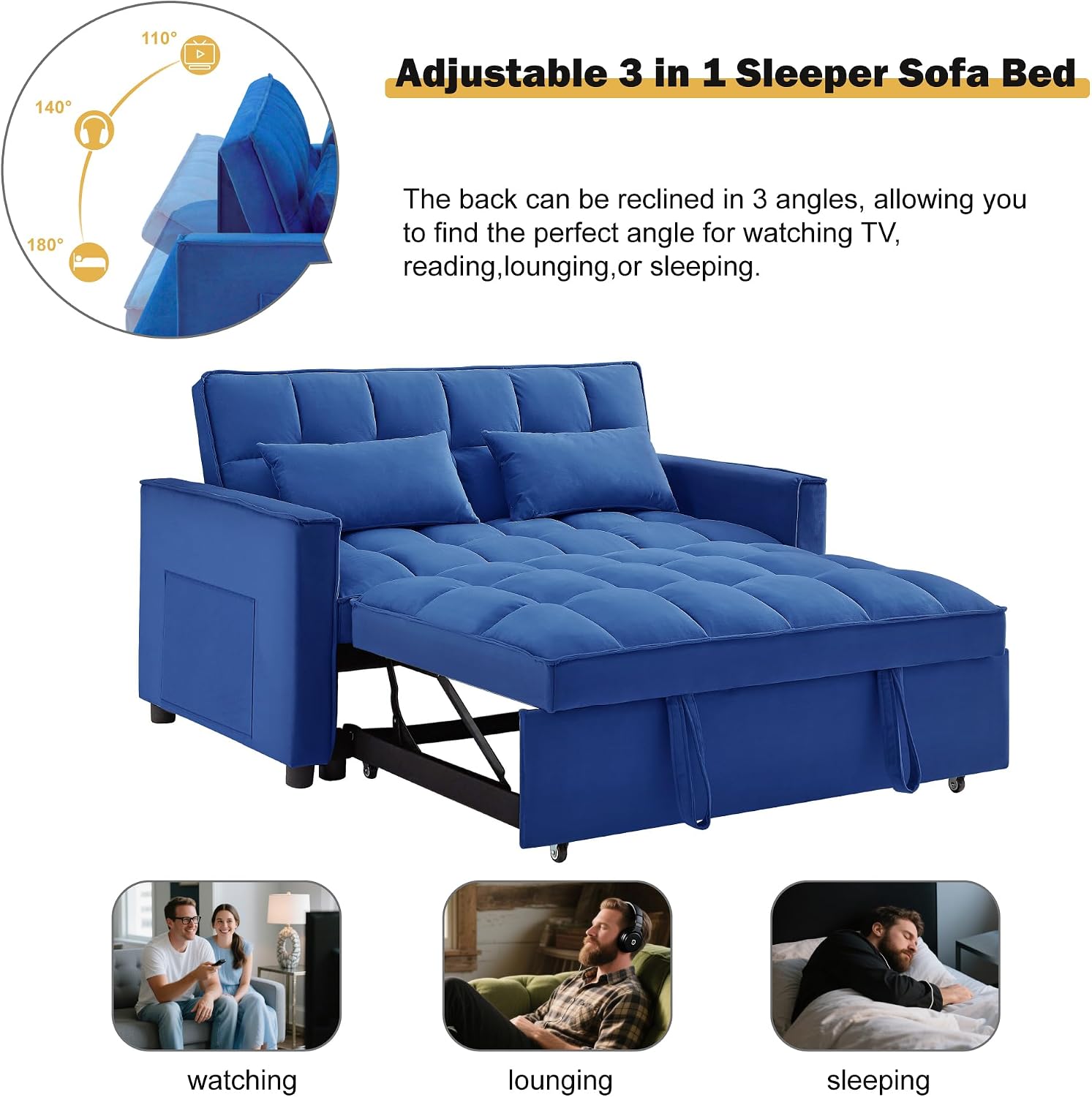 Convertible Sleeper Sofa Bed, Loveseat Sleeper Sofa with Large Side Pockets, Pull Out Sofa Bed with 3 Position Adjustable Backrest, 3 in 1 Velvet Couch Bed for Small Spaces, Apartment, Blue