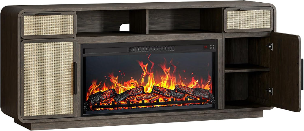 BELLEZE 68' TV Stand for TV Up to 75',Boho Entertainment Center with 36' Electric Fireplace Heater with Sound, Rattan Decorated Console Table Storage Cabinet for Living Room, Bedroom - (Brown)