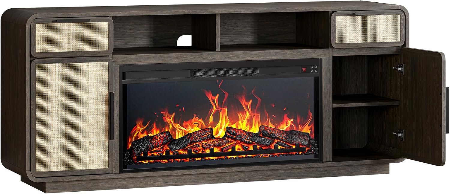BELLEZE 68' TV Stand for TV Up to 75',Boho Entertainment Center with 36' Electric Fireplace Heater with Sound, Rattan Decorated Console Table Storage Cabinet for Living Room, Bedroom - (Brown)