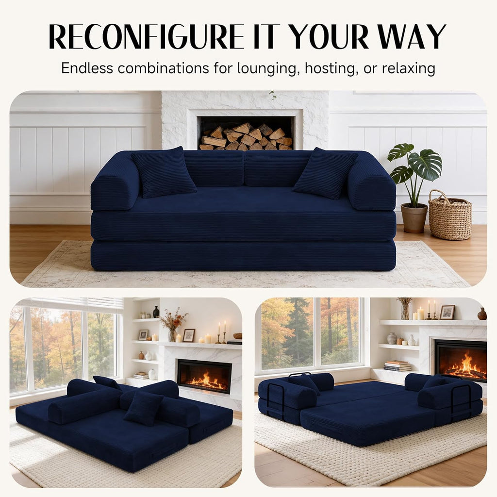 79' Corduroy Sofa Bed, Boneless Couch in a Box with 2 Pillows, High-Density Foam 4-in-1 Foldable Sleeper Futon Loveseat for Small Spaces, No Assembly, Side Pockets, Round Arm Blue