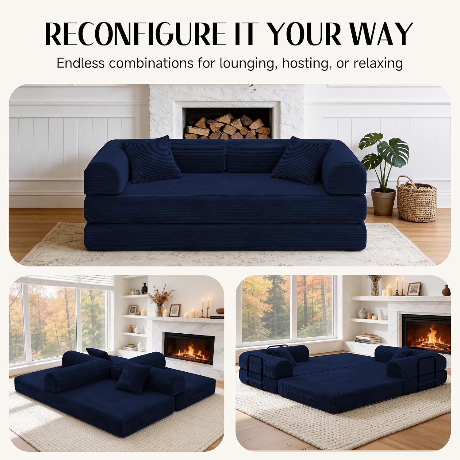 79' Corduroy Sofa Bed, Boneless Couch in a Box with 2 Pillows, High-Density Foam 4-in-1 Foldable Sleeper Futon Loveseat for Small Spaces, No Assembly, Side Pockets, Round Arm Blue