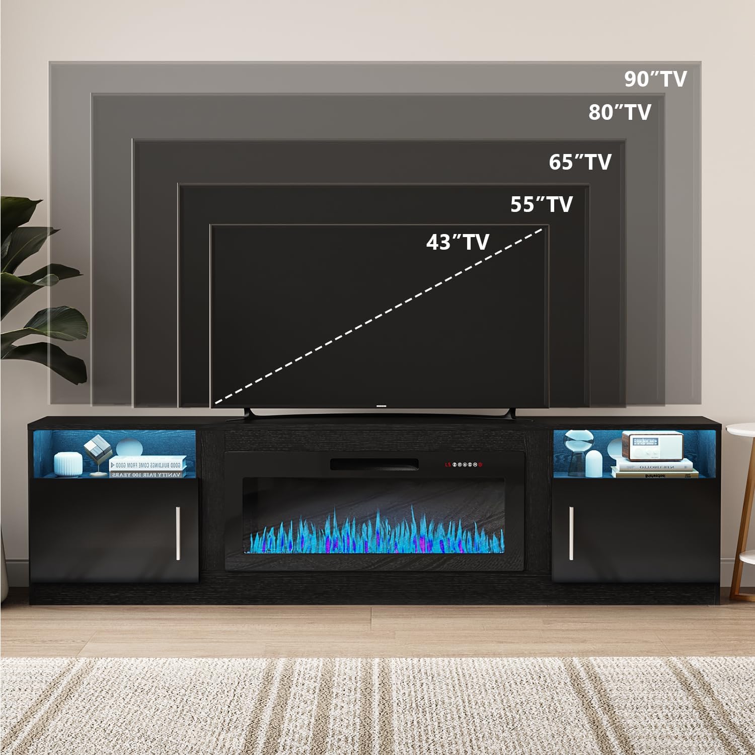 VITESSE TV Stand with 36' inch Electric Fireplace Up to 90' TVs, LED Light Entertainment Center, 80' Modern Wood High Gloss Fireplace with Highlight Storage Cabinet for Living Room (Black)