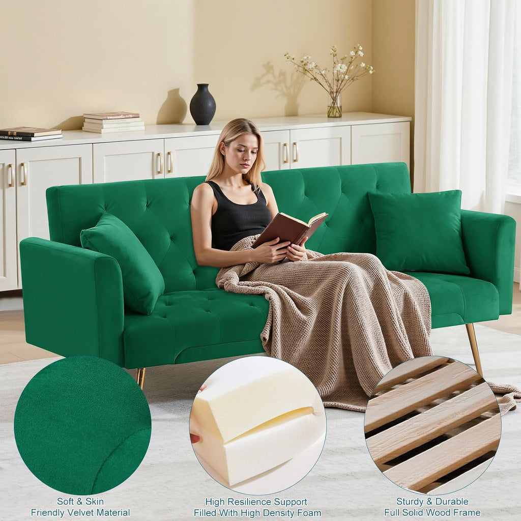 71.65'' Convertible Sofa Bed Modern Futon Set, Velvet Foldable Reclining Loveseat, Three Adjustment Angles,Mid Century Modern Couches for Living Room/Bedroom/Apartment, Easy Assembly,Green