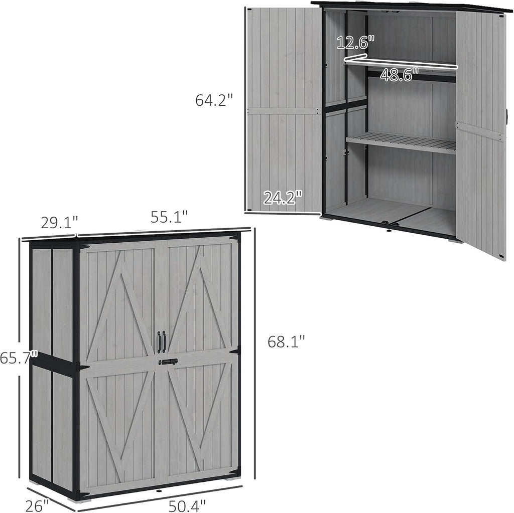 Outsunny Outdoor Storage Cabinet, Wood Garden Tool Shed with Steel Frame and Asphalt Roof, Garden Storage Shed with 2 Shelves, Lockable Doors and Adjustable Feet for Patio Backyard Lawn, Gray