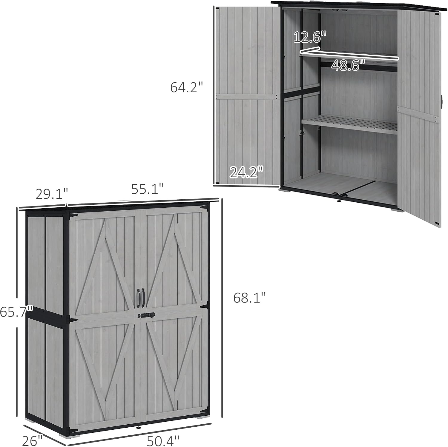 Outsunny Outdoor Storage Cabinet, Wood Garden Tool Shed with Steel Frame and Asphalt Roof, Garden Storage Shed with 2 Shelves, Lockable Doors and Adjustable Feet for Patio Backyard Lawn, Gray