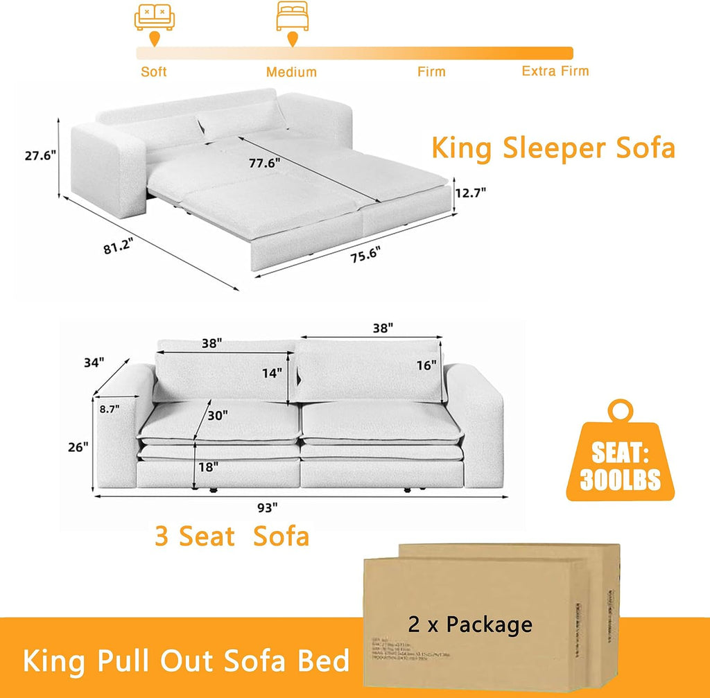 93' King Pull Out Sofa Bed, Teddy Sleeper Sofa Couch, Modern Wide Armrest, 3 in 1 Convertible Futon Couches for Living Room, Small Space, Apartment, Bedroom, Office, Beige