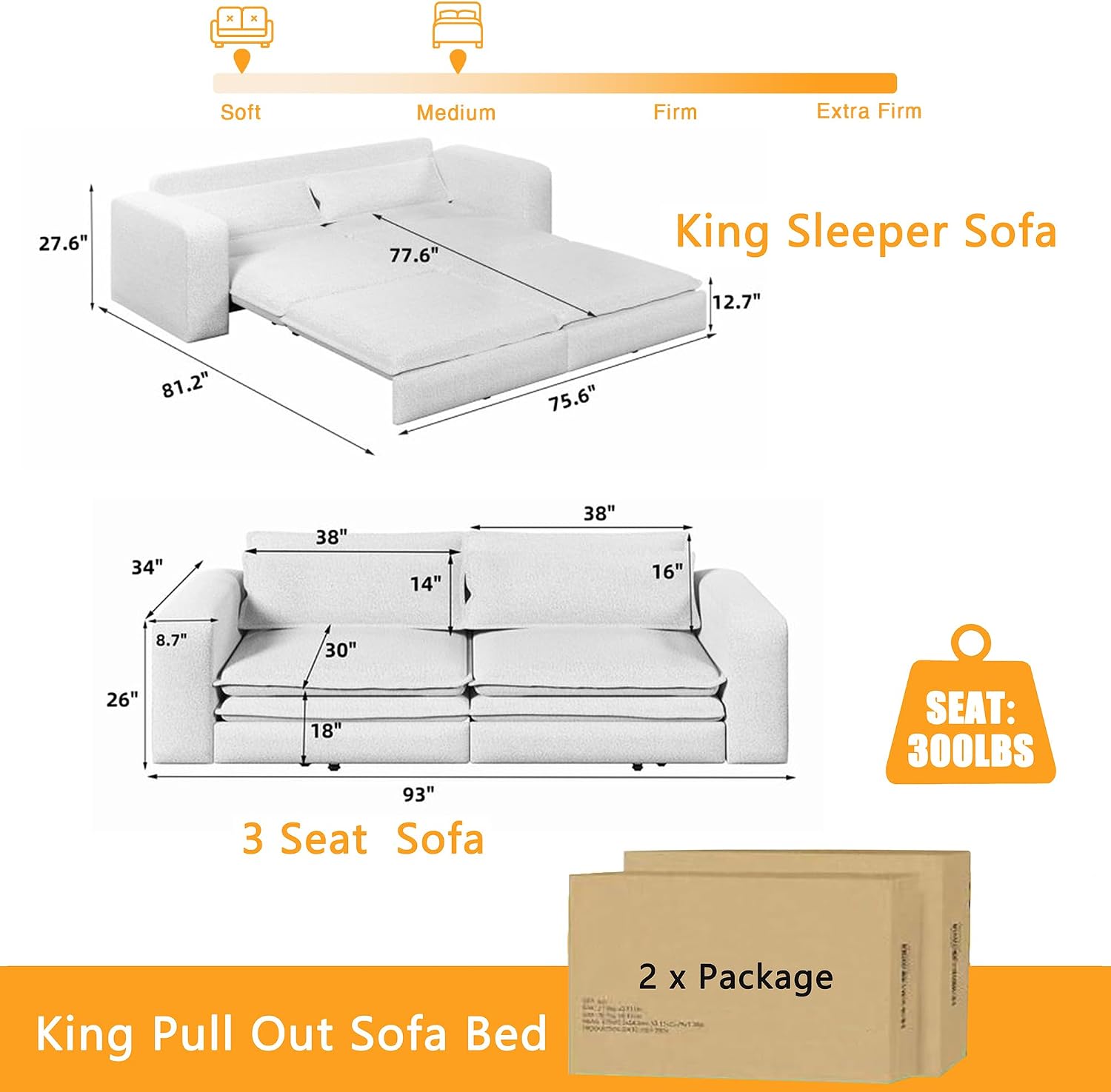 93' King Pull Out Sofa Bed, Teddy Sleeper Sofa Couch, Modern Wide Armrest, 3 in 1 Convertible Futon Couches for Living Room, Small Space, Apartment, Bedroom, Office, Beige