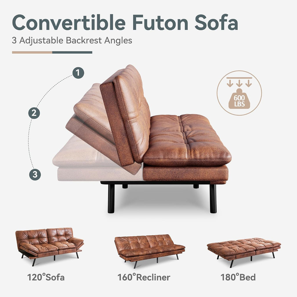 Vyfipt Convertible Futon Sofa Bed, Brown Faux Leather Futon Couch with Adjustable Backrest & Armrests, Folding Small Recliner Sleeper Sofa Bed for Living Room, Apartment, Office