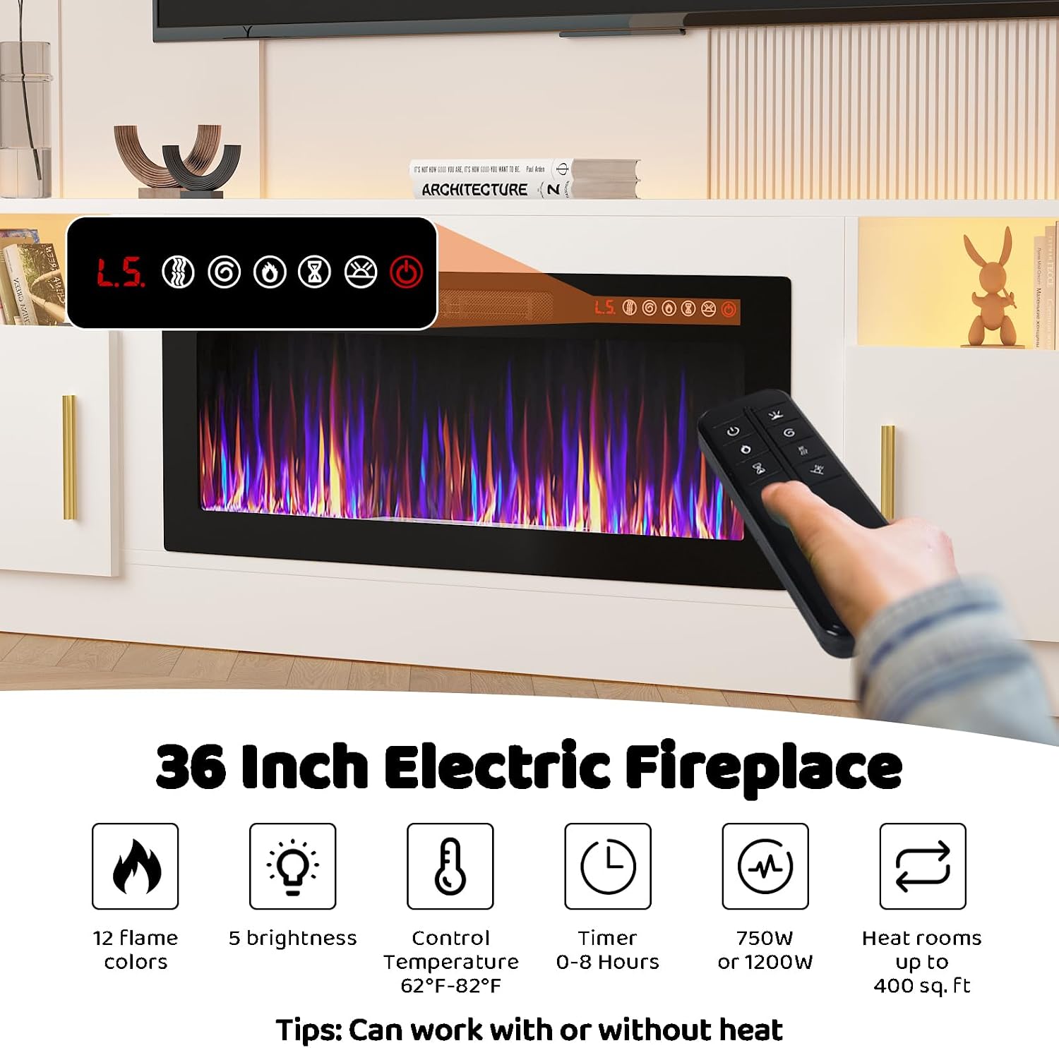 Lemberi Fireplace tv Stand with 36 inch Fireplace Up to 90' TVs, LED Light Entertainment Center and Storage, 80' Modern Wood Media TV Console with Highlight Cabinet for Living Room (White)