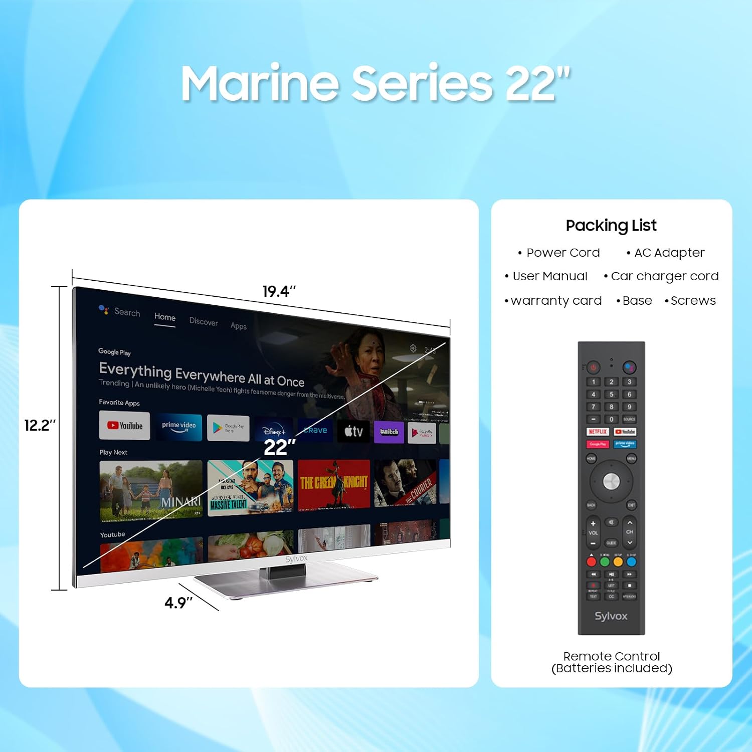 SYLVOX 12 Volt TV, 22' Smart Television with DVD Player Built in, 1080P Google OS ATSC NTSC WiFi Bluetooth HDMI USB, AC/DC Powered, 12V TV for RV Camper Boat Coastal Home (Marine Series)