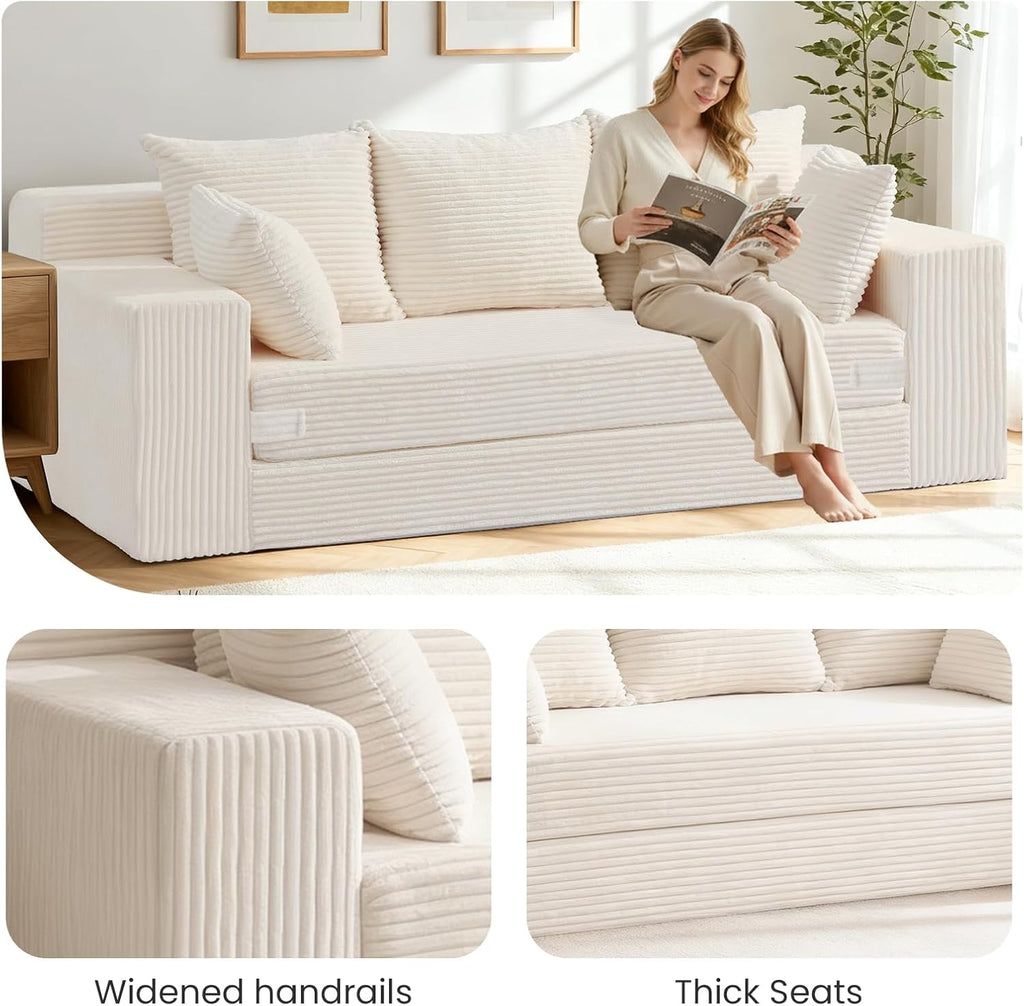 Boneless Couch 70 inch, 3 Seater Couch with Pull Out Bed, Boneless Loveseat Oversize Beige Futon Couch Floor Bed with 5 Pillows for Living Room Bedroom Lounge Small Space