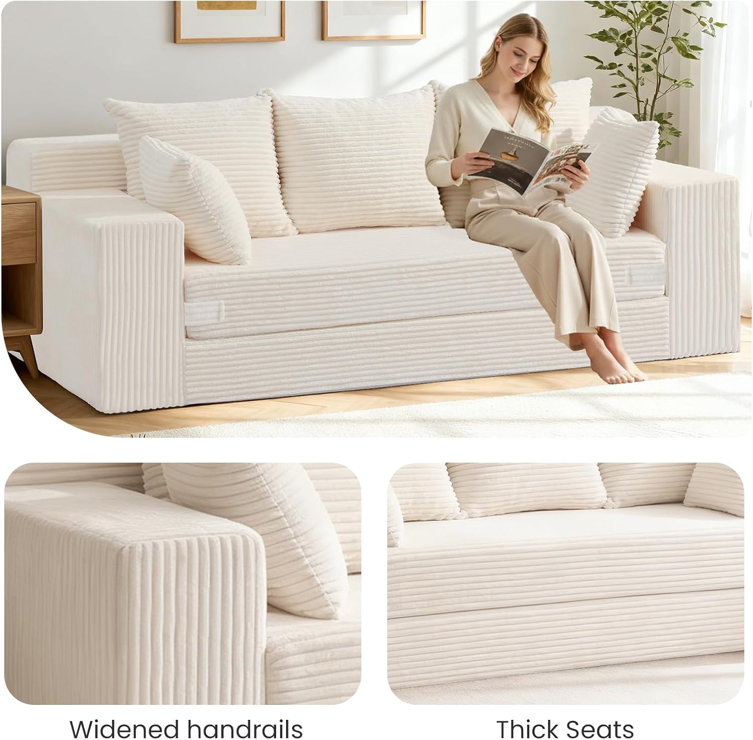 Boneless Couch 70 inch, 3 Seater Couch with Pull Out Bed, Boneless Loveseat Oversize Beige Futon Couch Floor Bed with 5 Pillows for Living Room Bedroom Lounge Small Space