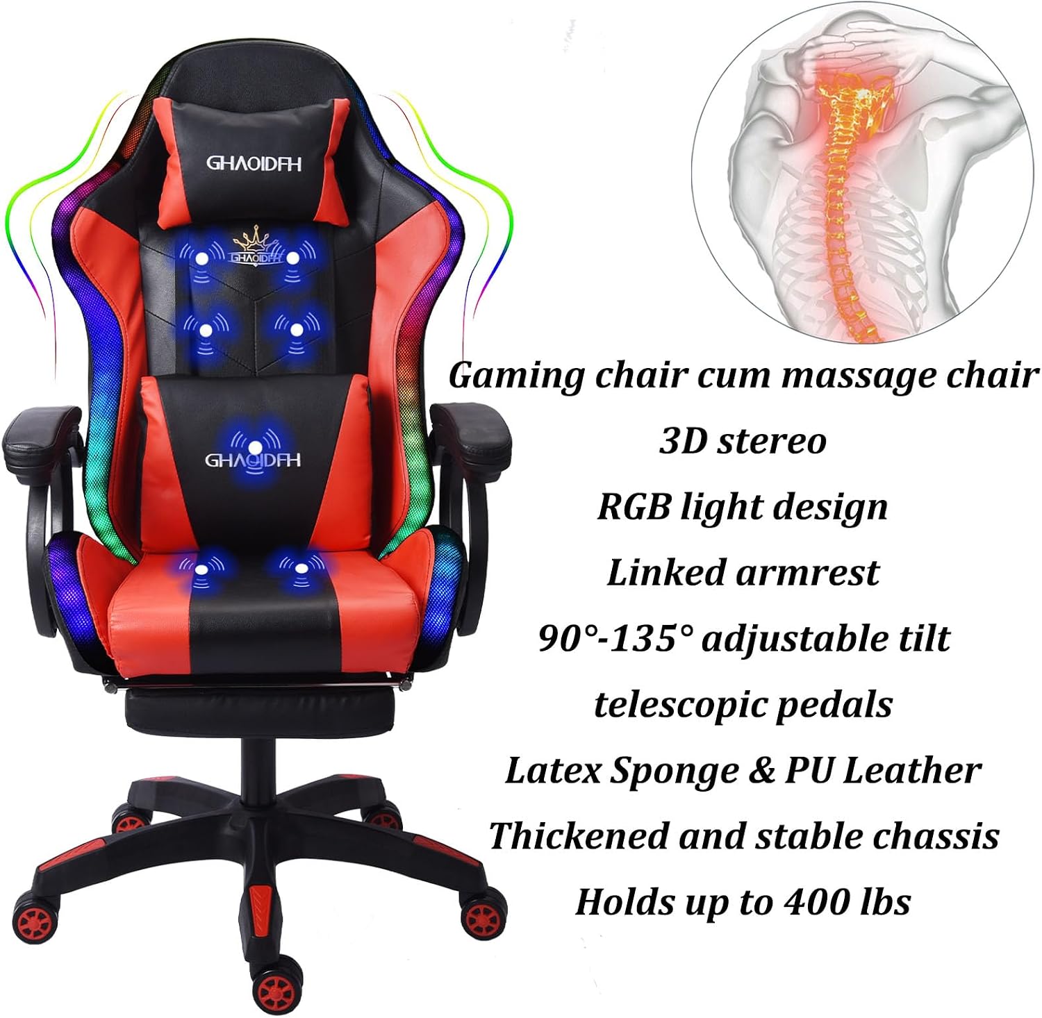 RGB Gaming Chair - Ergonomic Design with Massage, Footrest, and Integrated Speakers - Swivel Reclining PU Leather Gaming Chair with Lumbar Support - High-Back Racing Gaming Chair.,Red