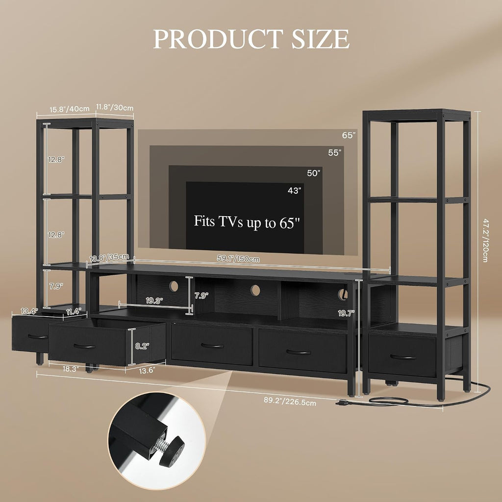 YITAHOME Modern TV Stands for 65 inch TVs, Entertainment Center with Drawers and Bookshelves, LED TV Console Cabinet with Power Outlets for Living Room, Black