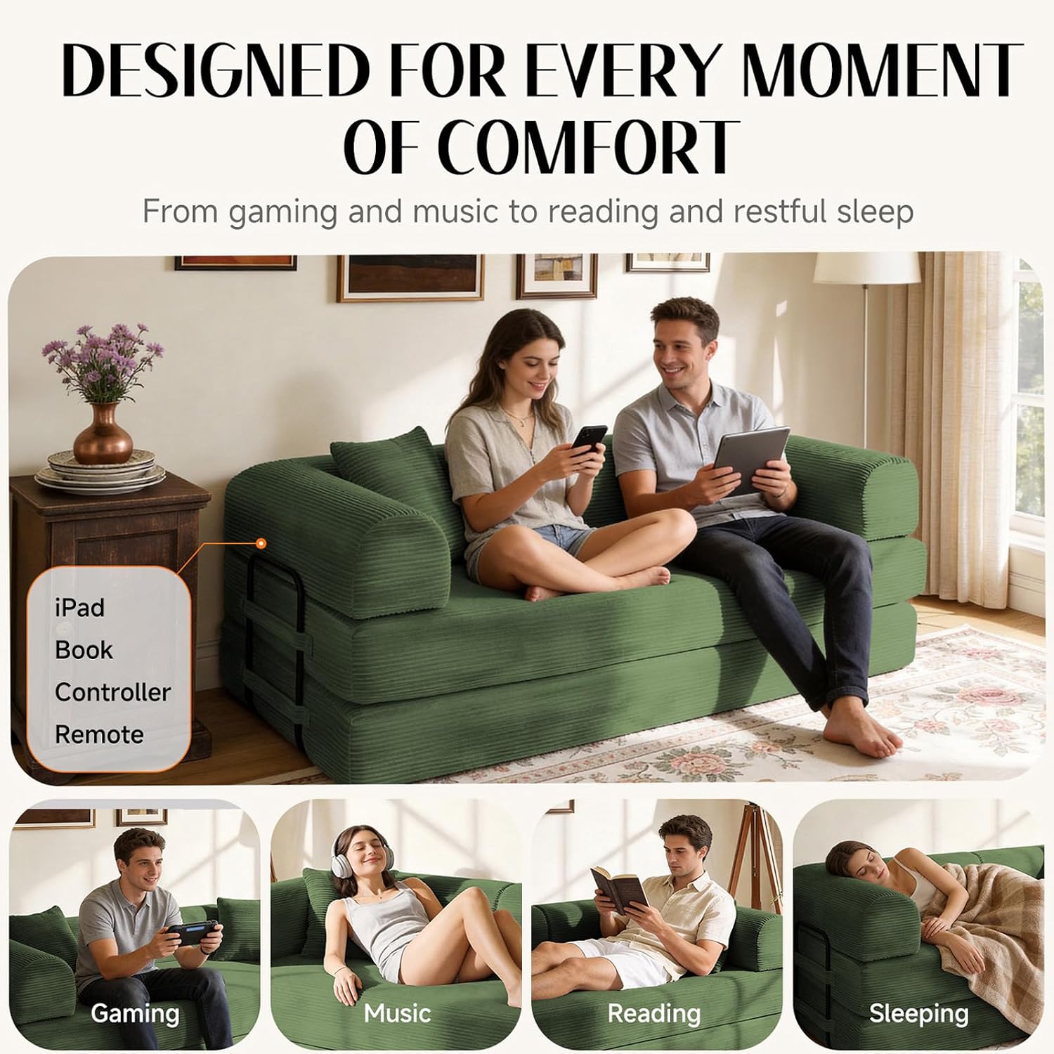 79'' Convertible Sofa Bed, Boneless Couch-in-a-Box, Corduroy Floor Futon Loveseat Sleeper, 26'' Deep Seat, Removable Machine-Wash Covers, No Assembly, 2 Pillows, Forest Green