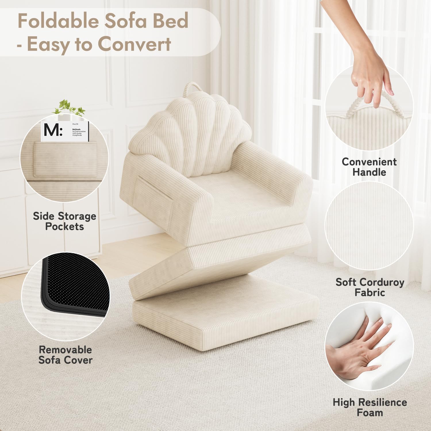2-in-1 Folding Sofa Bed, 75' D x 34' W Convertible Futon Sleeper Chair for Adult with Extra Back Support, Fold Out Bean Bag Floor Foam Lounger Couch for Living Room Bedroom Small Space, Beige