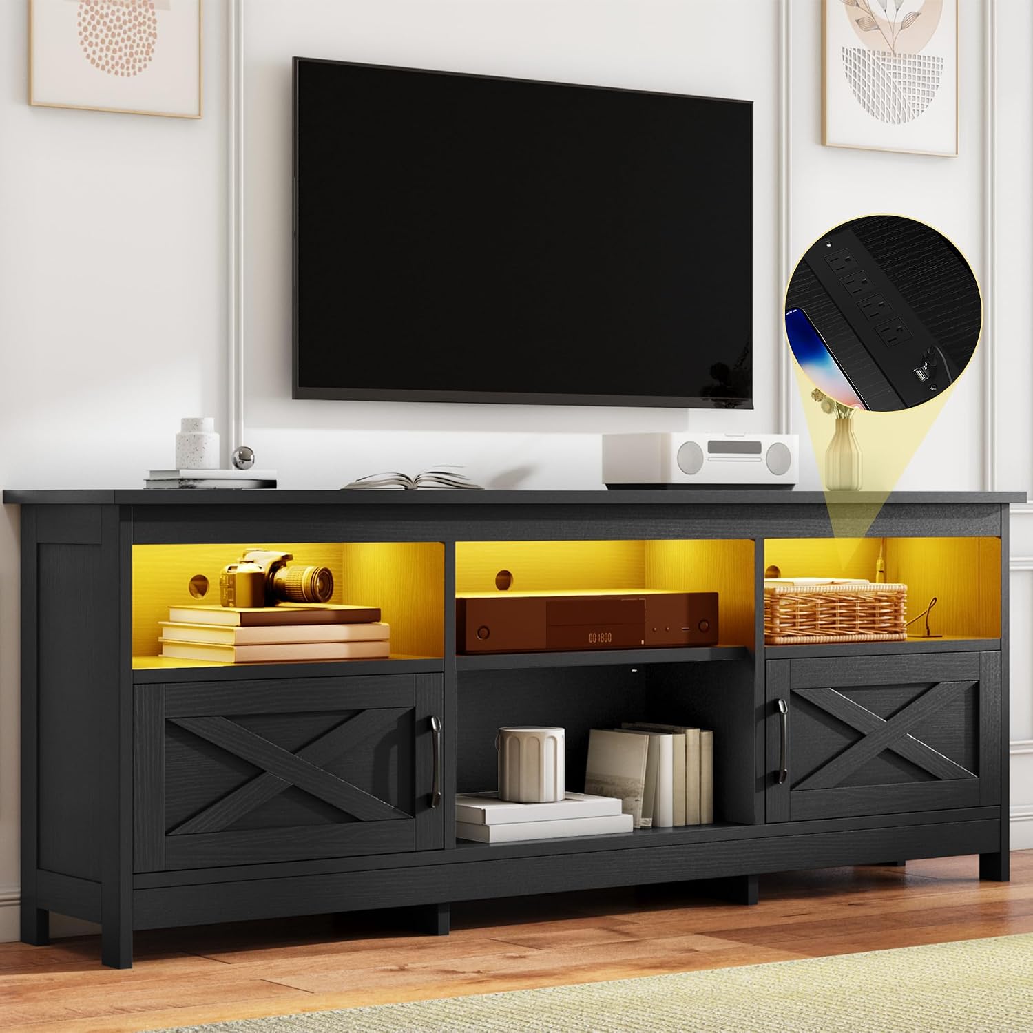 DWVO Farmhouse TV Stand with Power Outlets & LED Lights, Entertainment Center for TVs up to 80', TV Console with Storage Cabinets & Open Shelves for Living Room (Black)