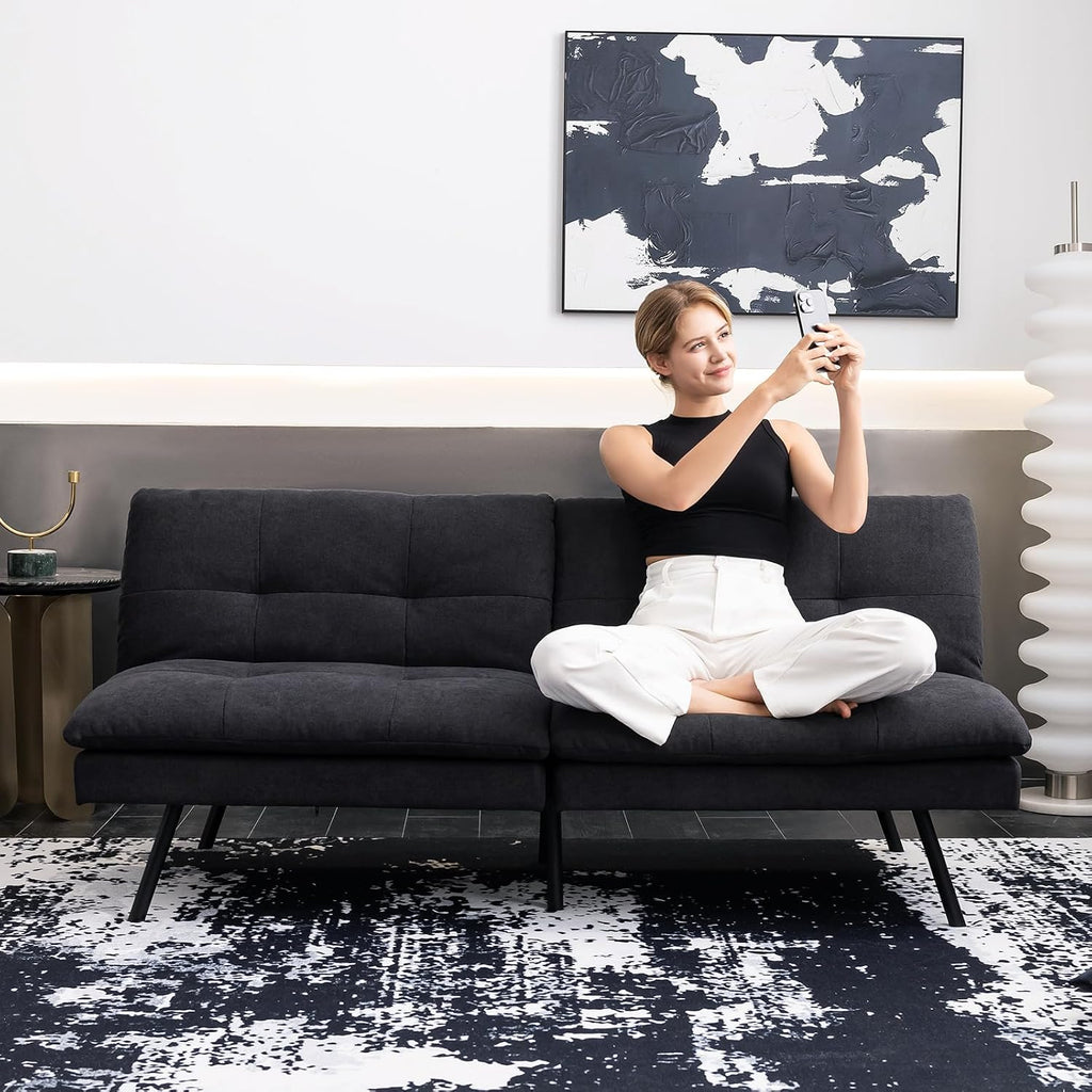 Hcore Polyester Memory Foam Convertible Futon Sofa Bed, Small Splitback Loveseat, 68' L x 32.3' W x 30.7' H, Black