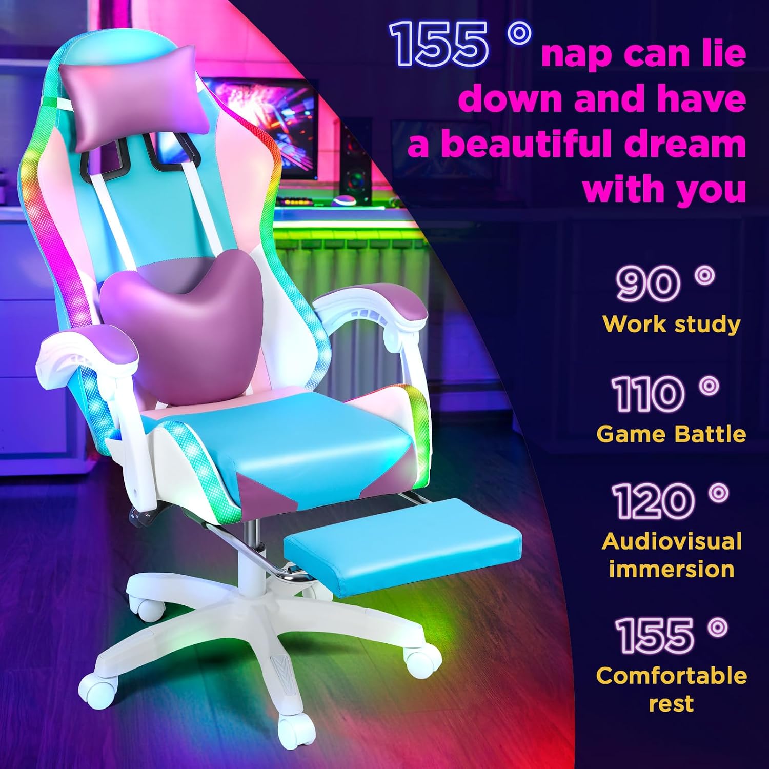 Gaming Chair with LED Lights, Gamer Chair with Height Adjustable, Ergonomic Massage Computer Gaming Chair with Footrest, Video Game Chair with Lumbar Support for Adults