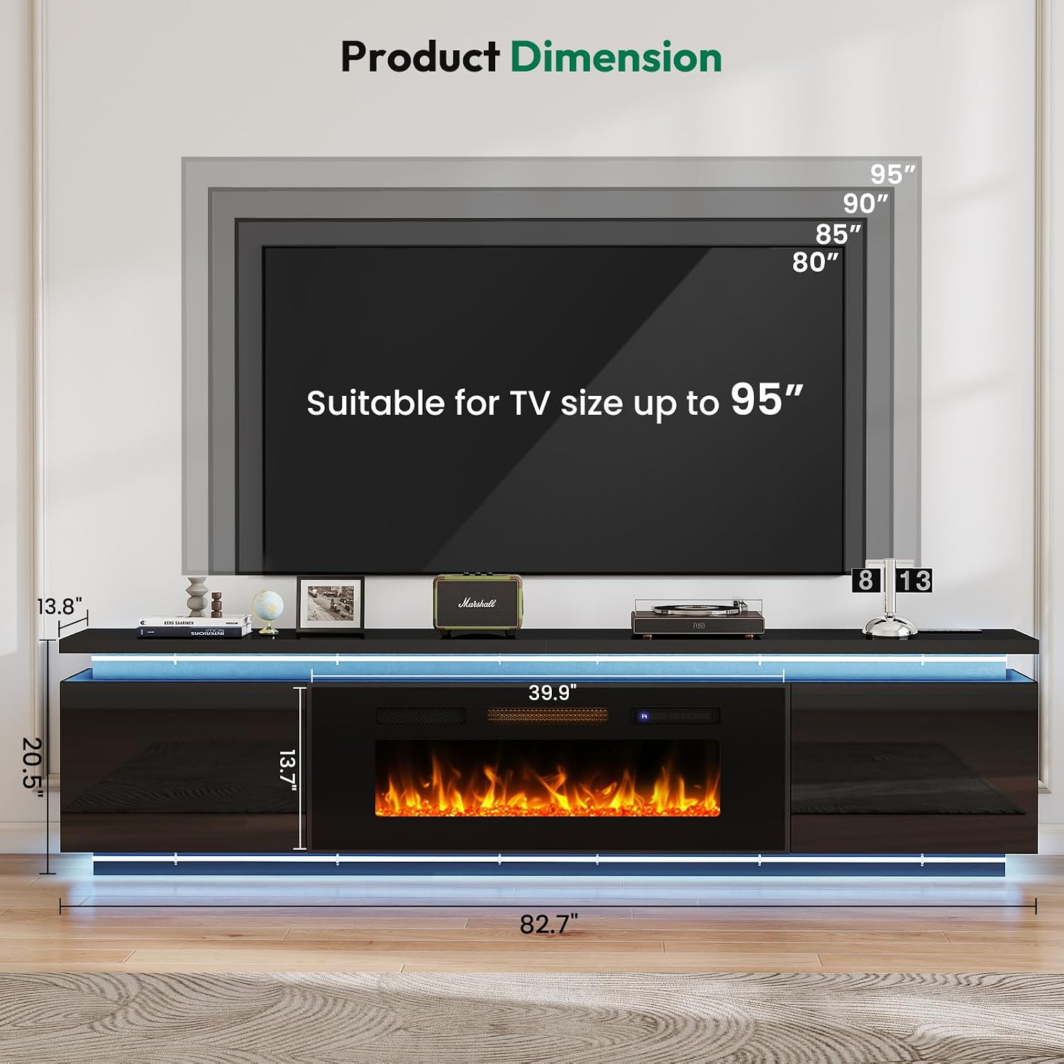 Lamtor Fireplace TV-Stand with 40' Fireplace - 2 LED fire Place TV Stand for 90 95 Inch TVs - Entertainment Center with 4 AC Power Outlets - TV Consoles Stand for Living Room, Gloss Black