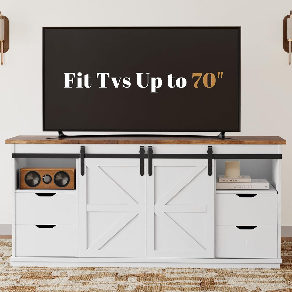 YESHOMY TV Stand for Televisions up to 65 Inchs, with Sliding Barn Doors and 4 Storage Drawers, Console Table and Media Furniture for Living Room, 58 Inch, Milk White