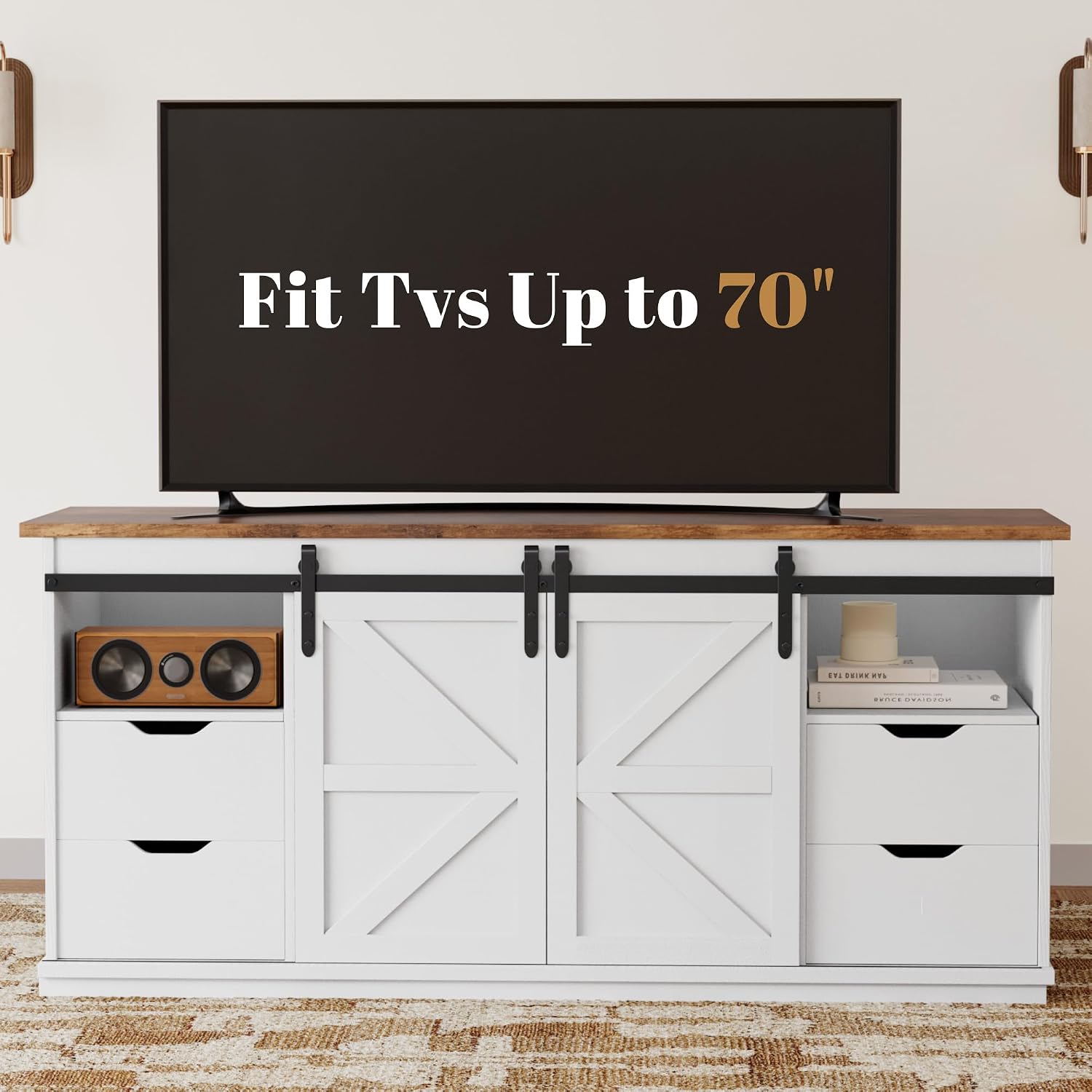YESHOMY TV Stand for Televisions up to 65 Inchs, with Sliding Barn Doors and 4 Storage Drawers, Console Table and Media Furniture for Living Room, 58 Inch, Milk White