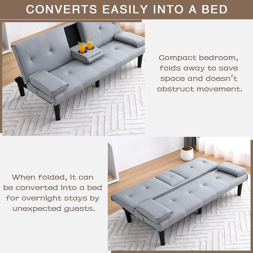 67' Futon Sofa Bed,Convertible Sofa Bed with 2 Cup Holders,Sleeper Couch PVC Leather Removable Soft Armrest Small Couch for Living Room Apartments ﻿ (Light Gray)
