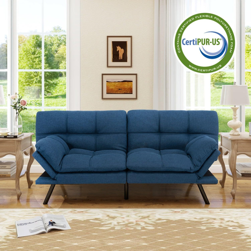 MUUEGM 71' Convertible Futon Sofa Bed, Upholstered Small Futon Couches with Adjustable Backrest, Loveseat Sleeper Bed for Compact Living Room Studio Office (Navy Blue)