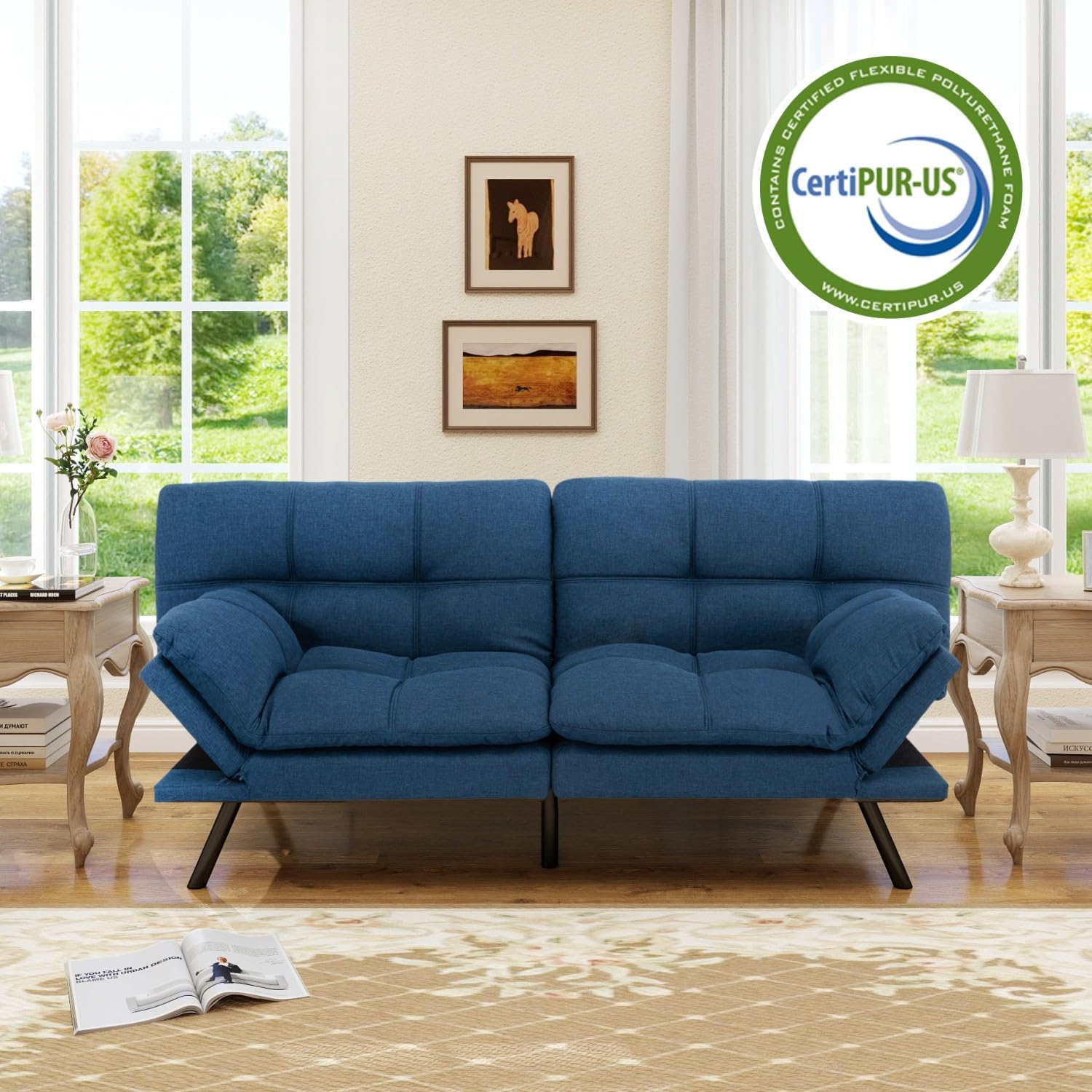 MUUEGM 71' Convertible Futon Sofa Bed, Upholstered Small Futon Couches with Adjustable Backrest, Loveseat Sleeper Bed for Compact Living Room Studio Office (Navy Blue)